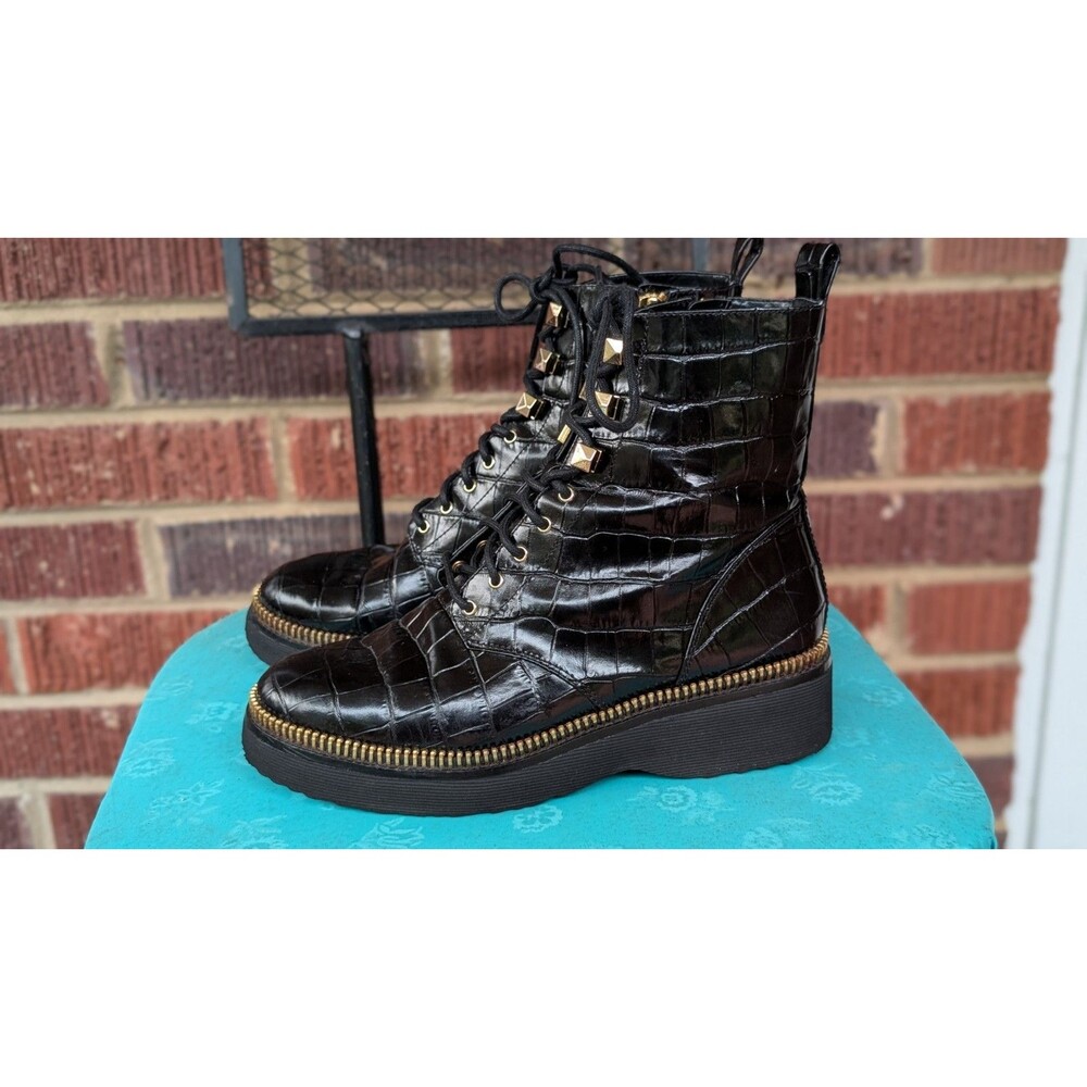 Michael Kors Black Croc Embossed Studded Combat Platform Boots -Gold Zipper-7.5